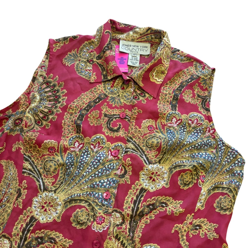 Jones New York Country Petite Silk Paisley Sleeveless Button Down Blouse Red 14p